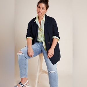 NWT $128 AMADI Anthropologie Navy Blue Kaye Linen Blazer Jacket Coat Sz L